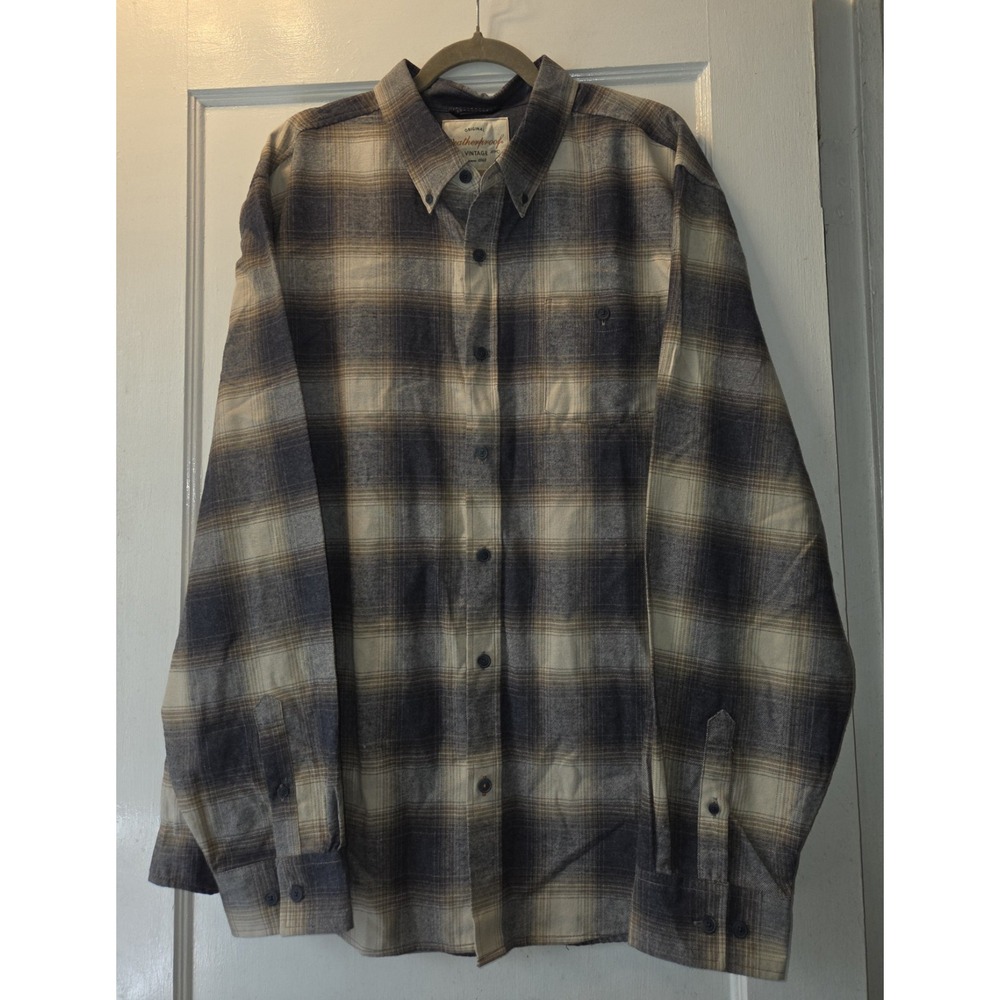 Weatherproof Vintage Luxe Flannel Shirt Mens Navy Gray Plaid Button Down XXL